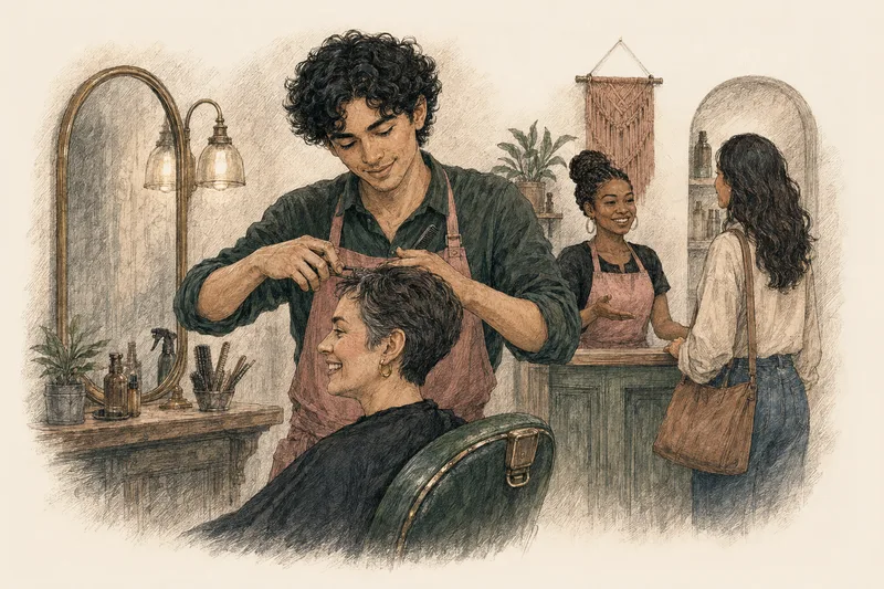 Ilustración de un profesional dando los últimos detalles a un corte mientras su compañera recibe a la siguiente clienta