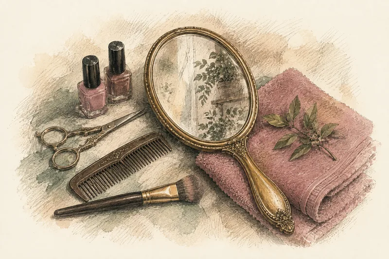 Espejo, tijeras, pinceles y esmaltes ilustrados en tinta y rosa