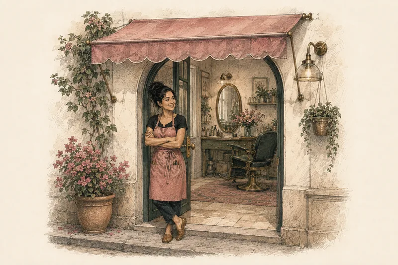 La dueña de un pequeño estudio de belleza recibe a sus clientes bajo un toldo rosa