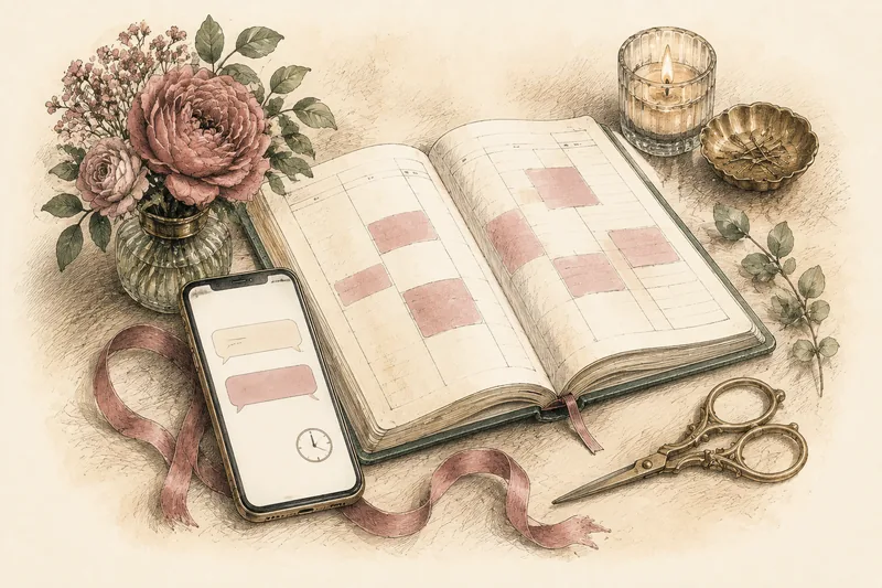 Una agenda y un teléfono unidos por una cinta rosa, junto a herramientas de belleza