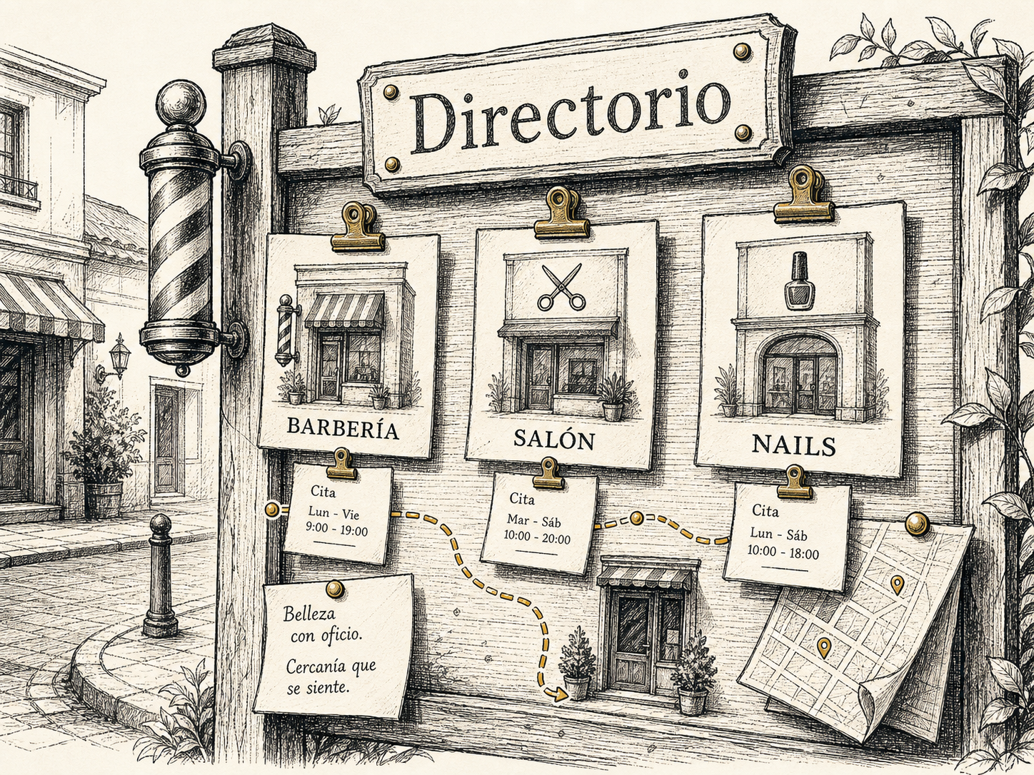 Tablero editorial con negocios de belleza conectados por rutas de reserva