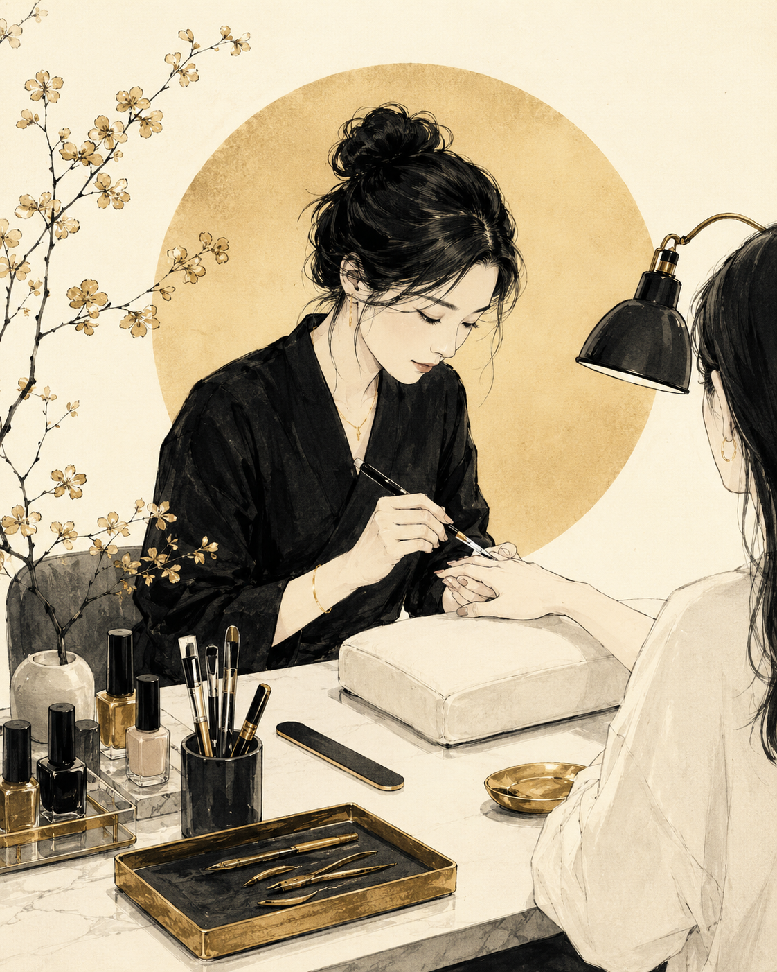 Artista de uñas trabajando en una mesa de salón